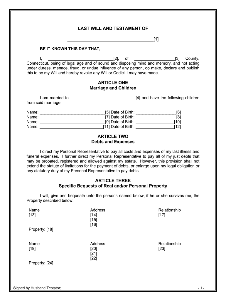 Connecticut Wills Last Testaments  Form