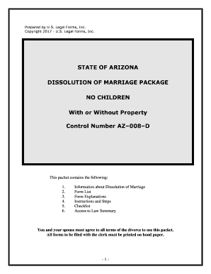 Fill and Sign the Arizona No Fault Agreed Uncontested Divorce Package for Dissolution of Marriage for Persons with No Children with or Without Form