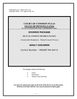 Pennsylvania No Fault Uncontested Agreed Divorce Package for Dissolution of Marriage with Adult Children and with or Without Pro  Form