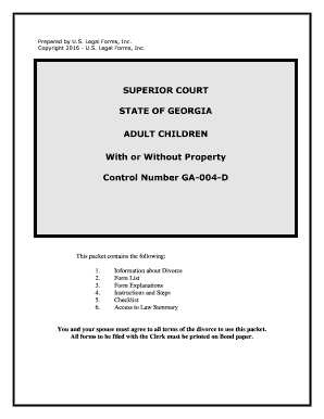 Georgia No Fault Uncontested Agreed Divorce Package for Dissolution of Marriage with Adult Children and with or Without Property  Form