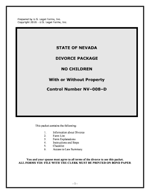 Nevada No Fault Agreed Uncontested Divorce Package for Dissolution of Marriage for Persons with No Children with or Without Prop  Form