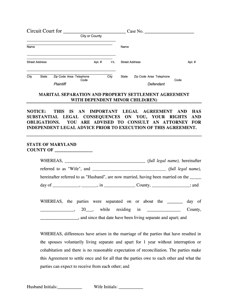 Maryland Marital Domestic Separation and Property Settlement Agreement Minor Children Parties May Have Joint Property or Debts W  Form