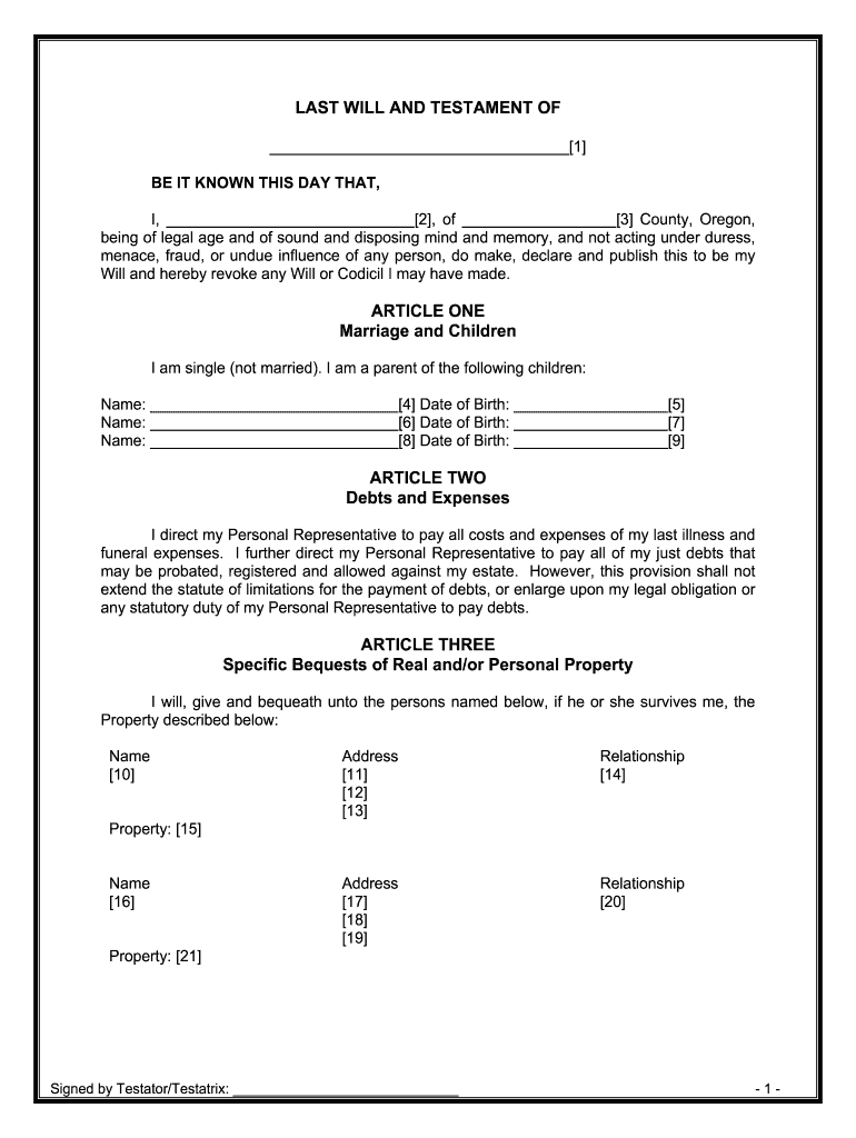 Oregon Legal Last Will and Testament Form for a Single Person with Minor Children