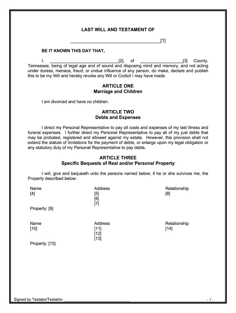 Last Will Testament Document  Form