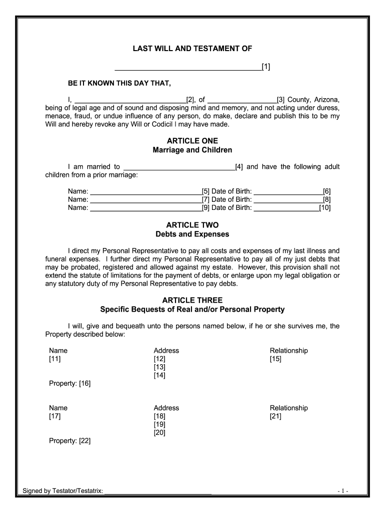 Arizona Legal Last Will and Testament Form for Married Person with Adult Children from Prior Marriage