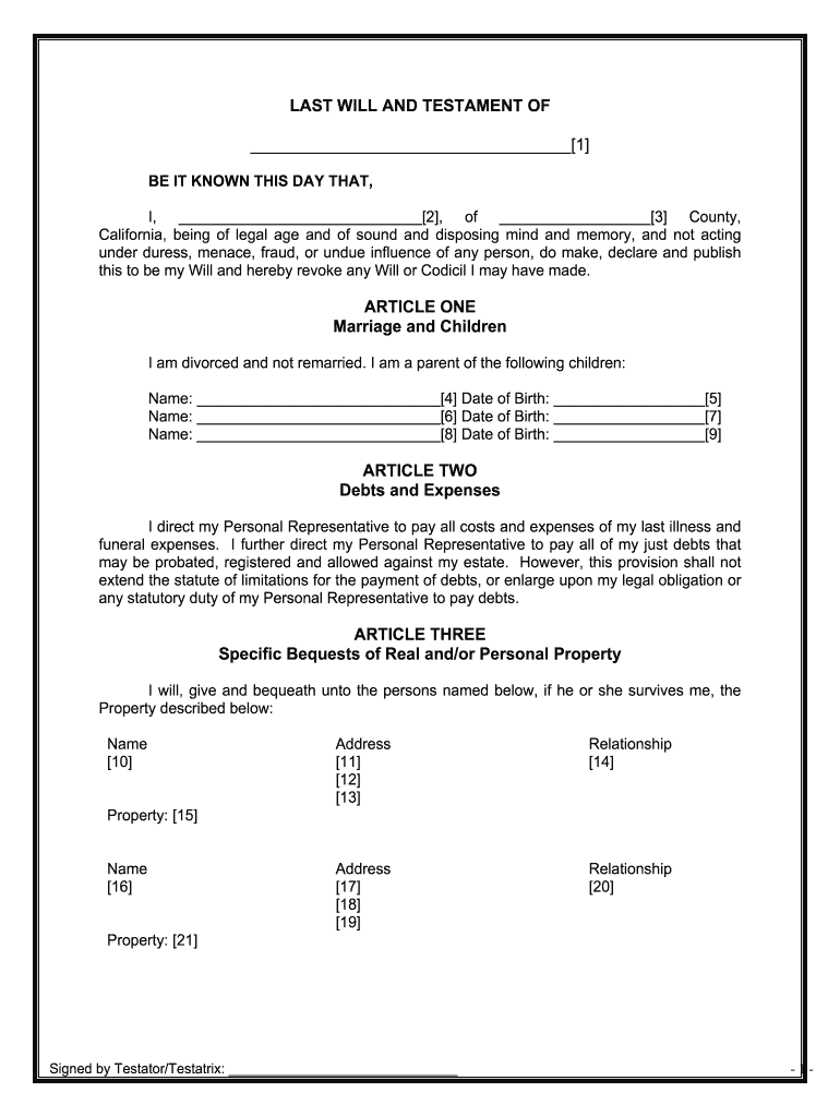 California Last Will Template  Form