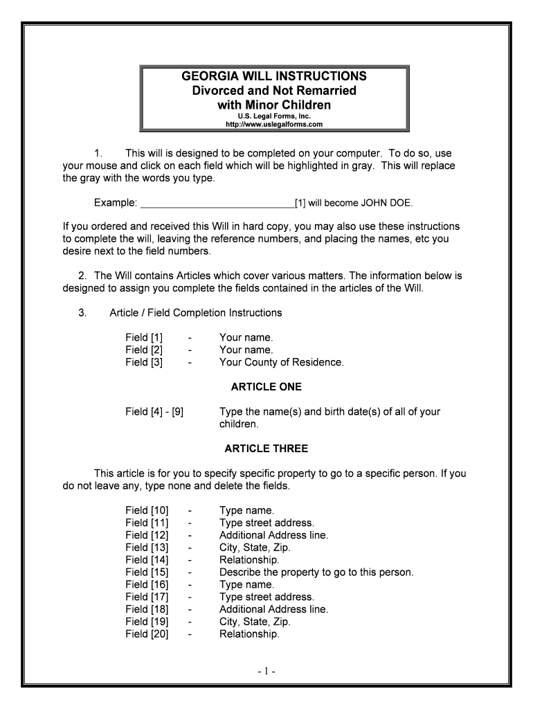 Georgia Legal Last Will and Testament Form for Divorced Person Not Remarried with Minor Children