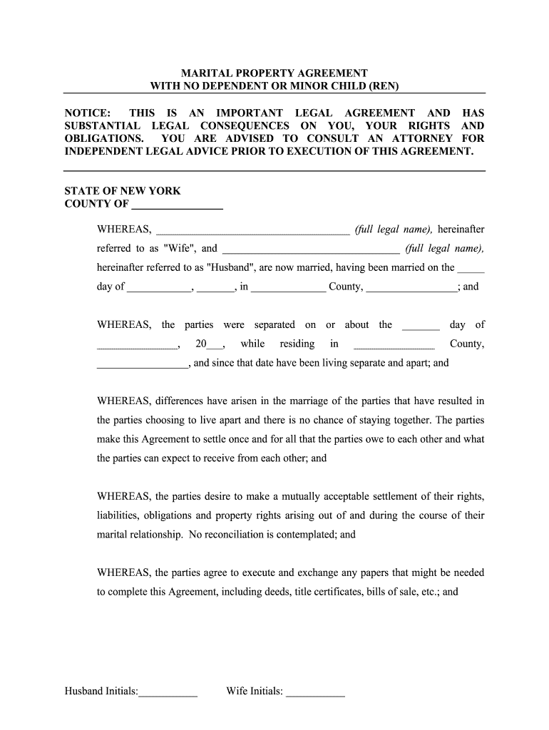 New York Marital Domestic Separation and Property Settlement Agreement No Children Parties May Have Joint Property or Debts Effe  Form