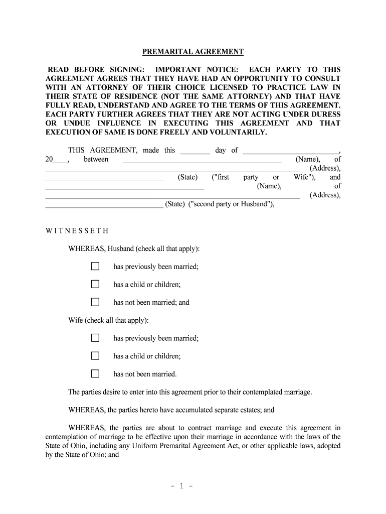 Ohio Ohio Prenuptial Premarital Agreement Without Financial Statements  Form