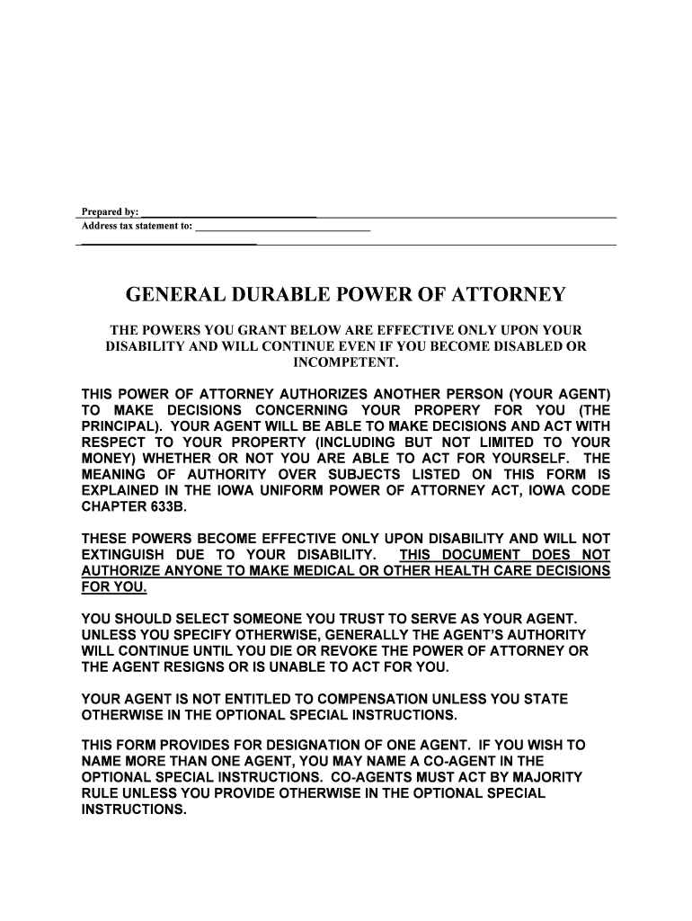 Fill and Sign the Iowa General Durable Power of Attorney for Property and Finances or Financial Effective Upon Disability Form