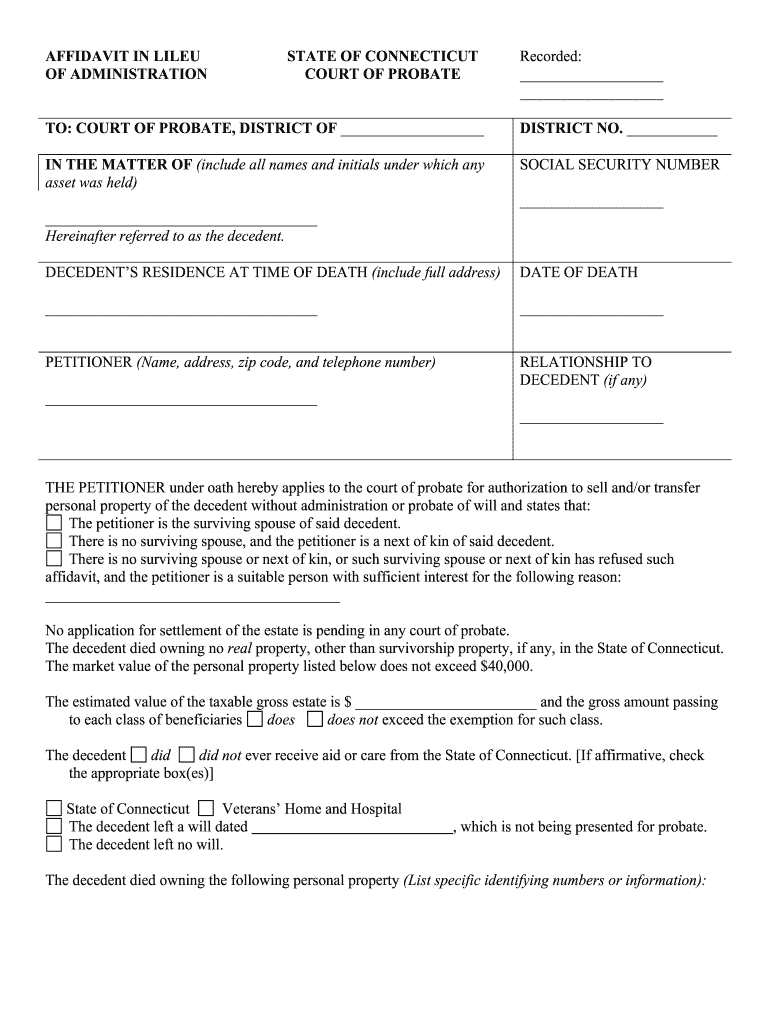 Smallestatee Affidavit State of Connecticut  Form