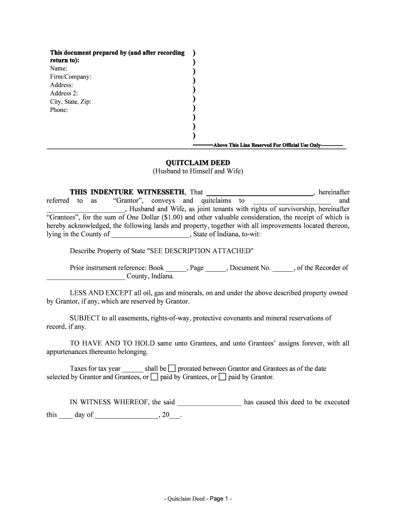 Indiana Quitclaim Deed from Husband to Himself and Wife  Form