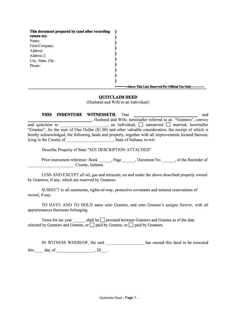 Indiana Quitclaim Deed from Husband and Wife to an Individual  Form