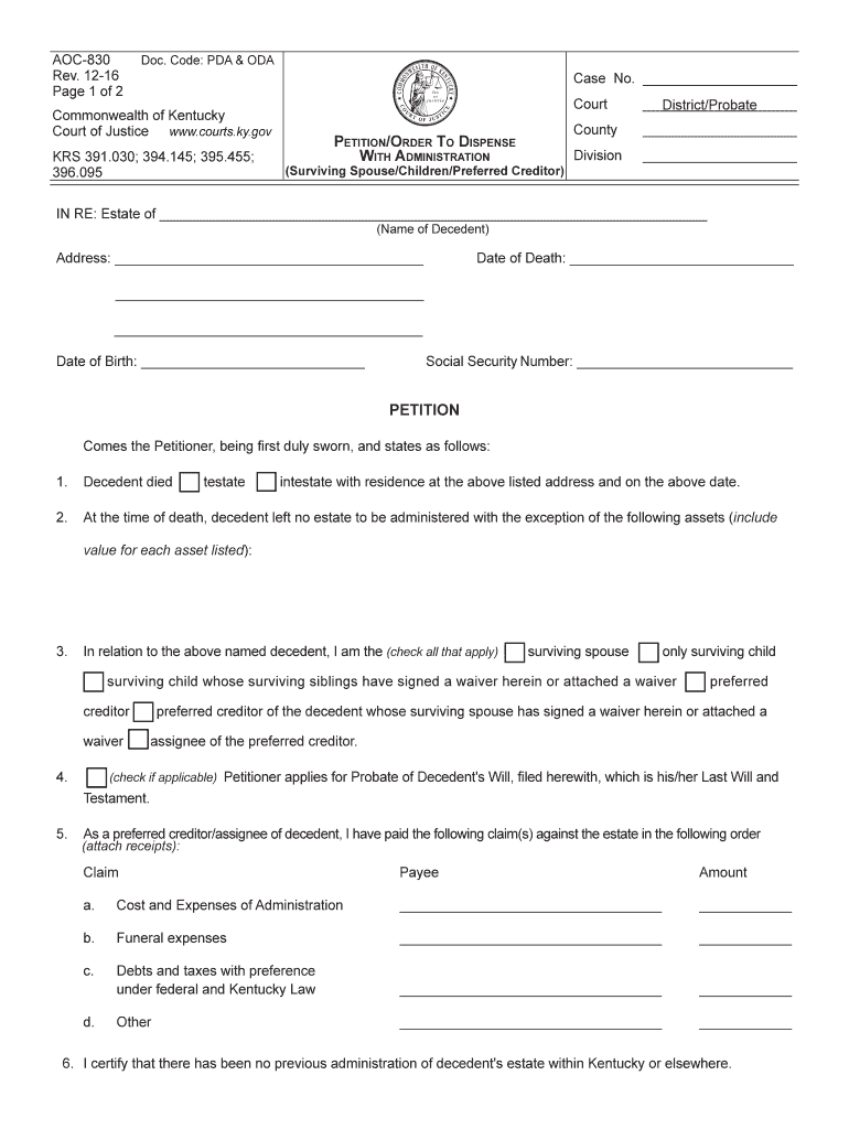 Kentucky Summary Administration Petition for Small Estates  Form