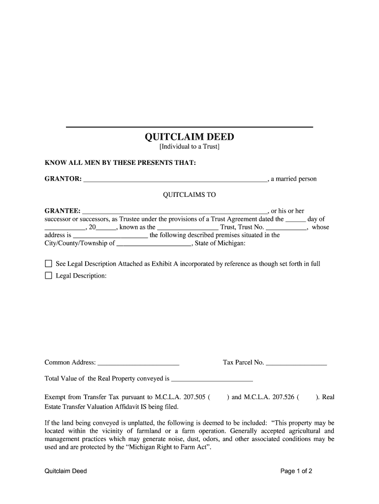 Michigan Quitclaim Deed from an Individual to a Trust  Form