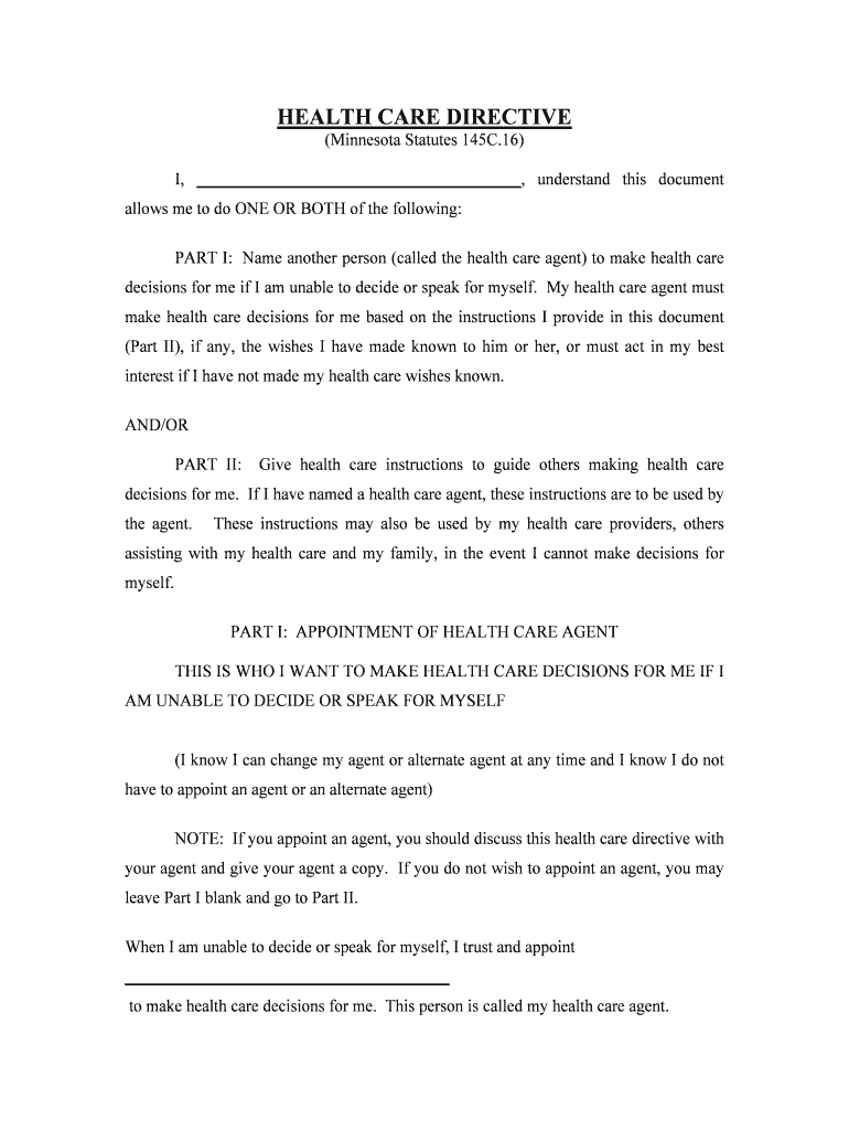 Minnesota Health Care Directive Printable  Form