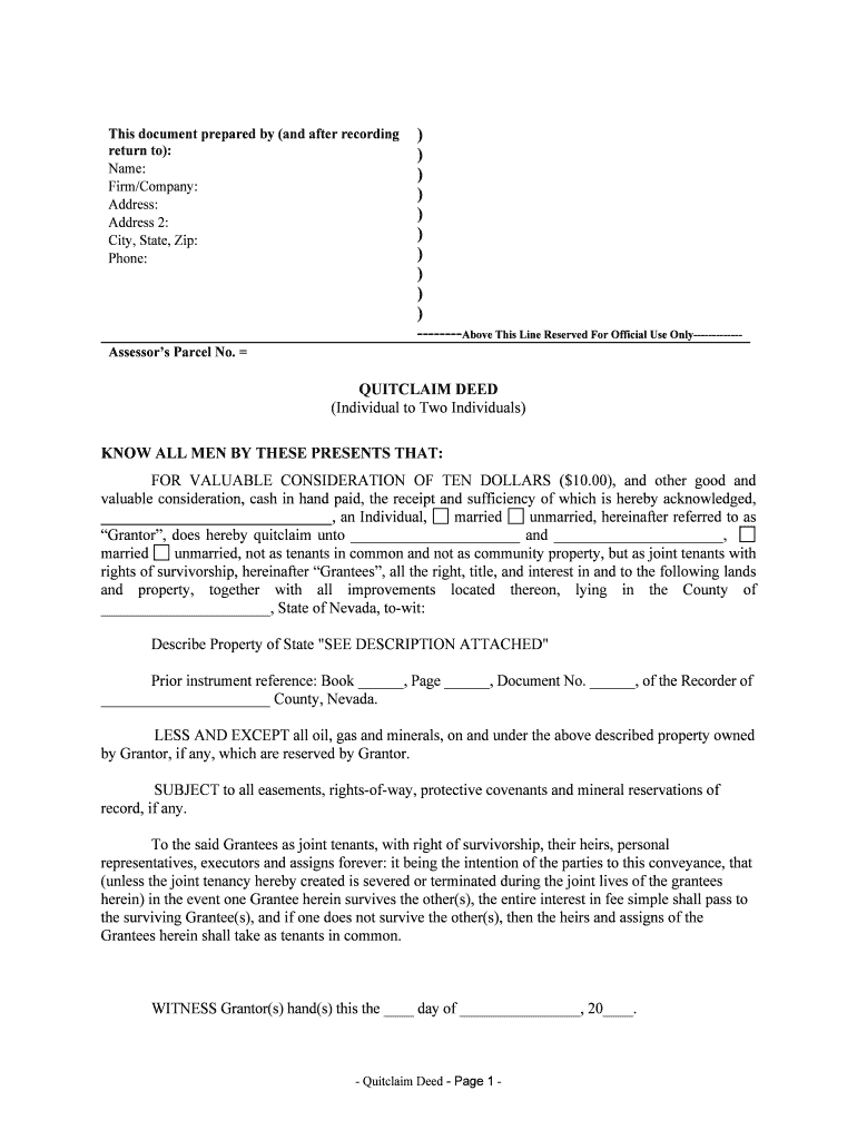 Nevada Quitclaim Deed from Individual to Two Individuals in Joint Tenancy  Form