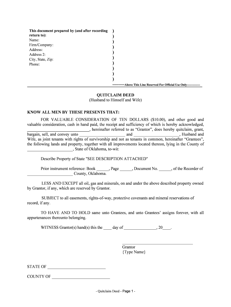 Oklahoma Quitclaim Deed from Husband to Himself and Wife  Form