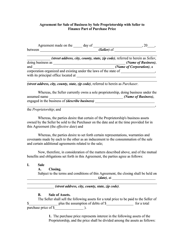 Agreement for Sale of Business by Sole Proprietorship with Seller to  Form