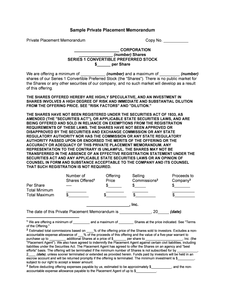 Private Placement Memorandum  Form