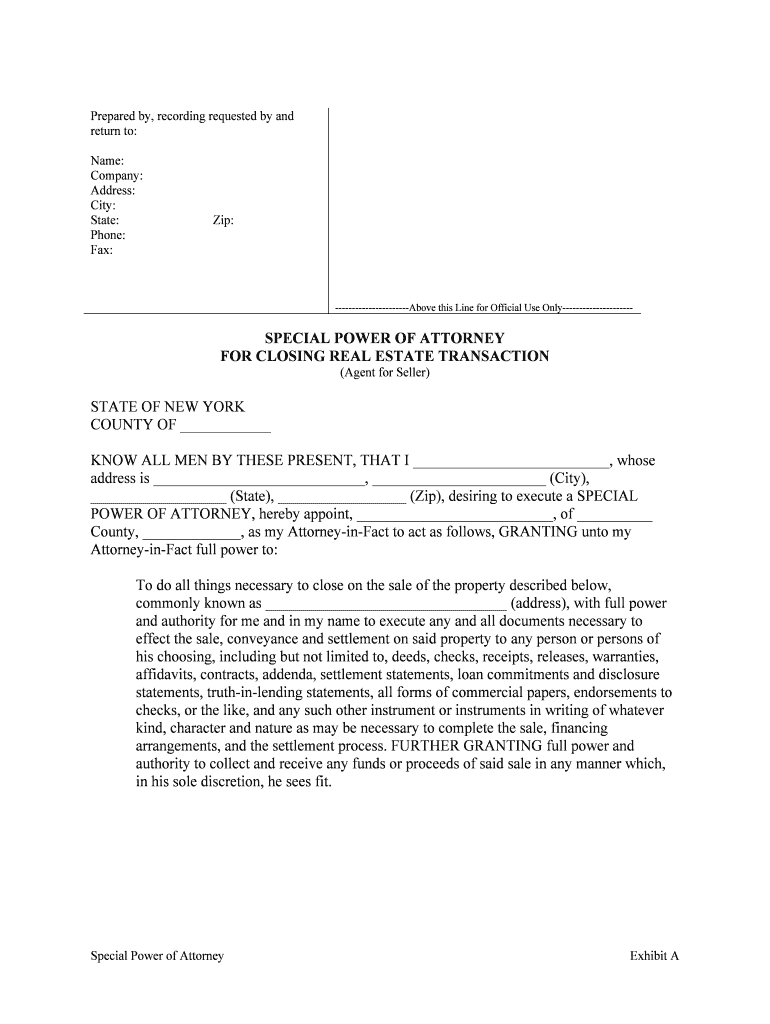 New York Special or Limited Power of Attorney for Real Estate Sales Transaction by Seller  Form