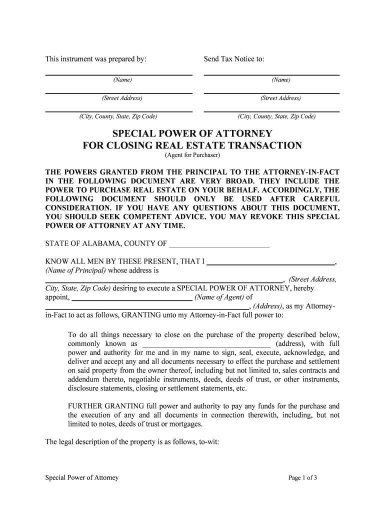 Alabama Special or Limited Power of Attorney for Real Estate Purchase Transaction by Purchaser  Form