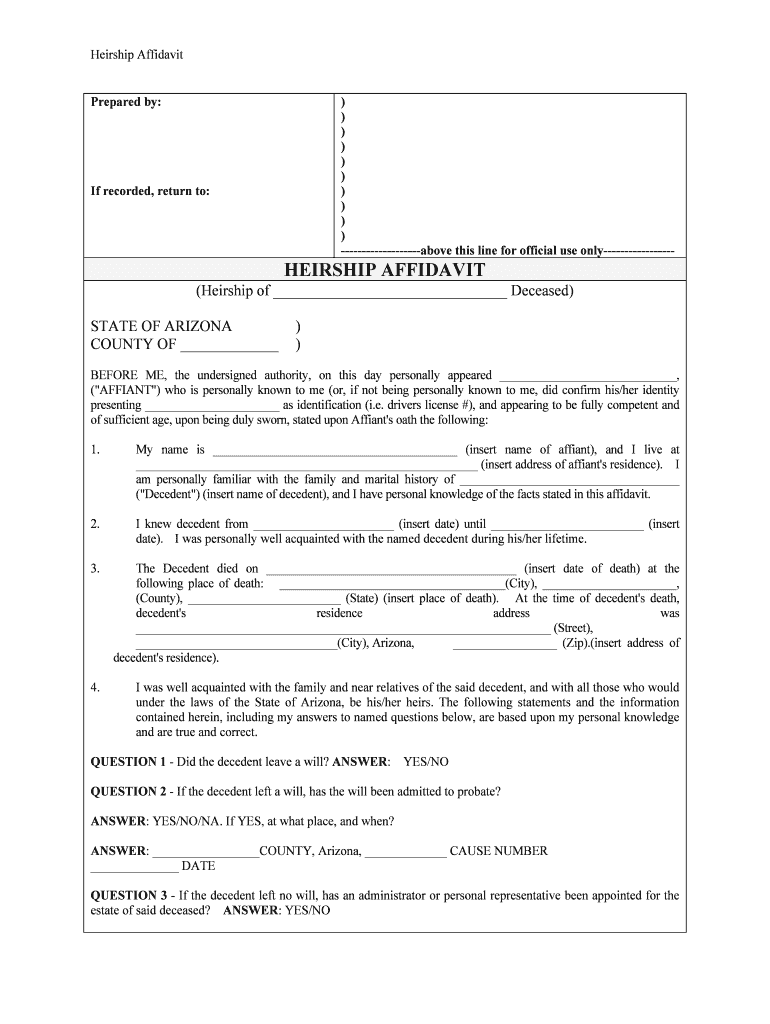Arizona Heirship Affidavit Descent  Form