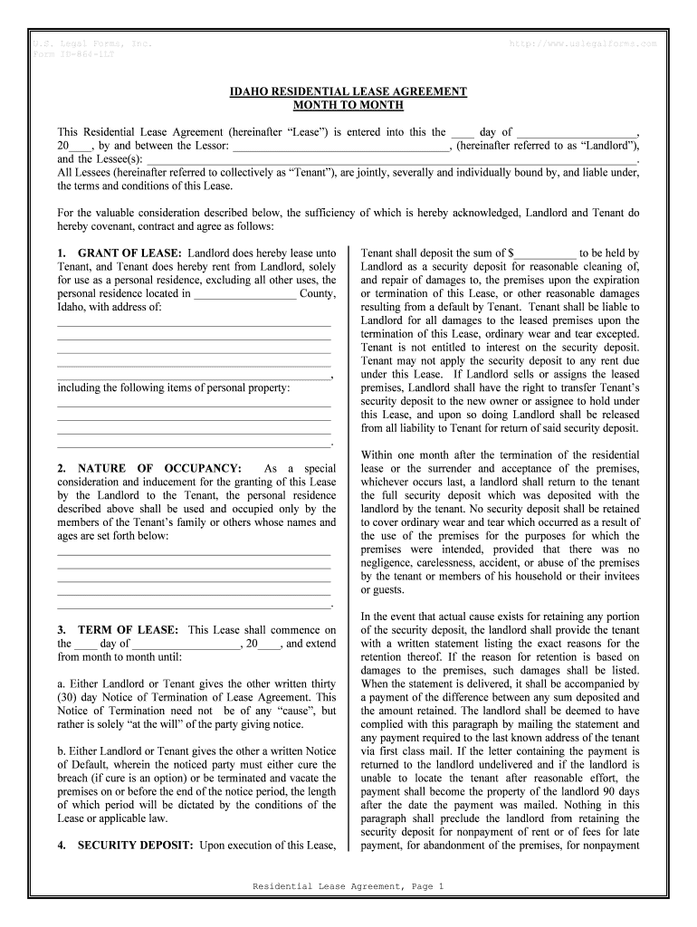 Idaho Residential Lease or Rental Agreement for Month to Month  Form