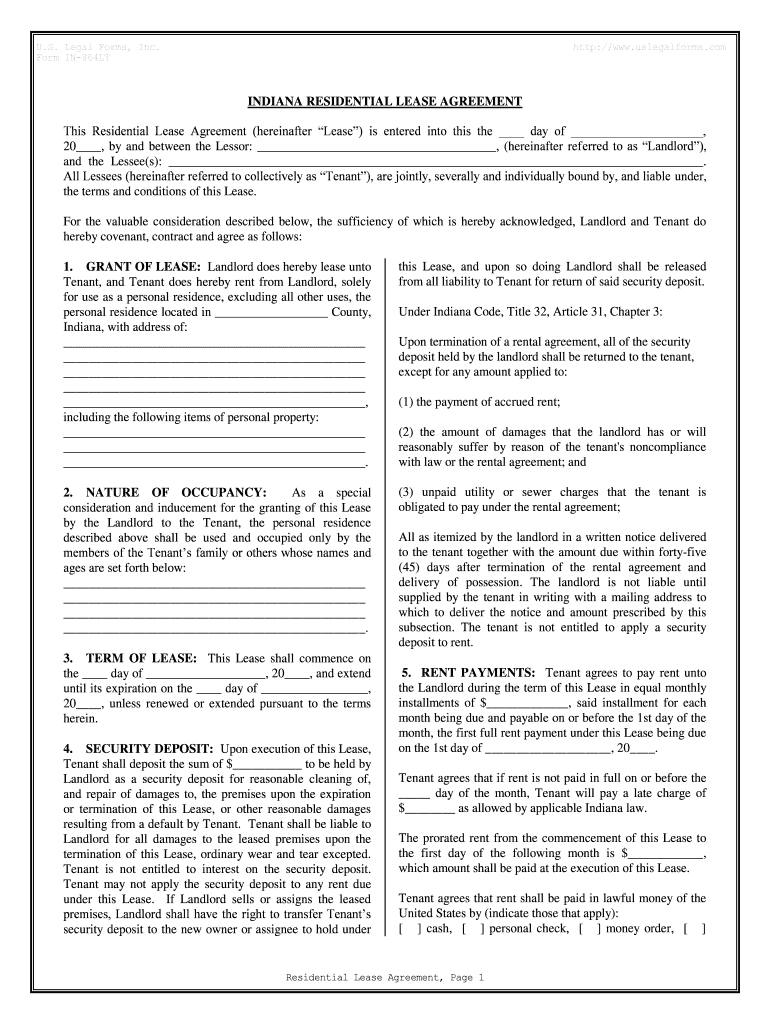 Indiana Residential Rental Lease Agreement  Form