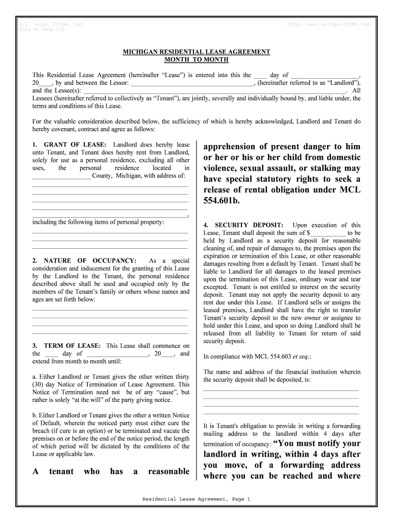 Michigan Residential Lease or Rental Agreement for Month to Month  Form