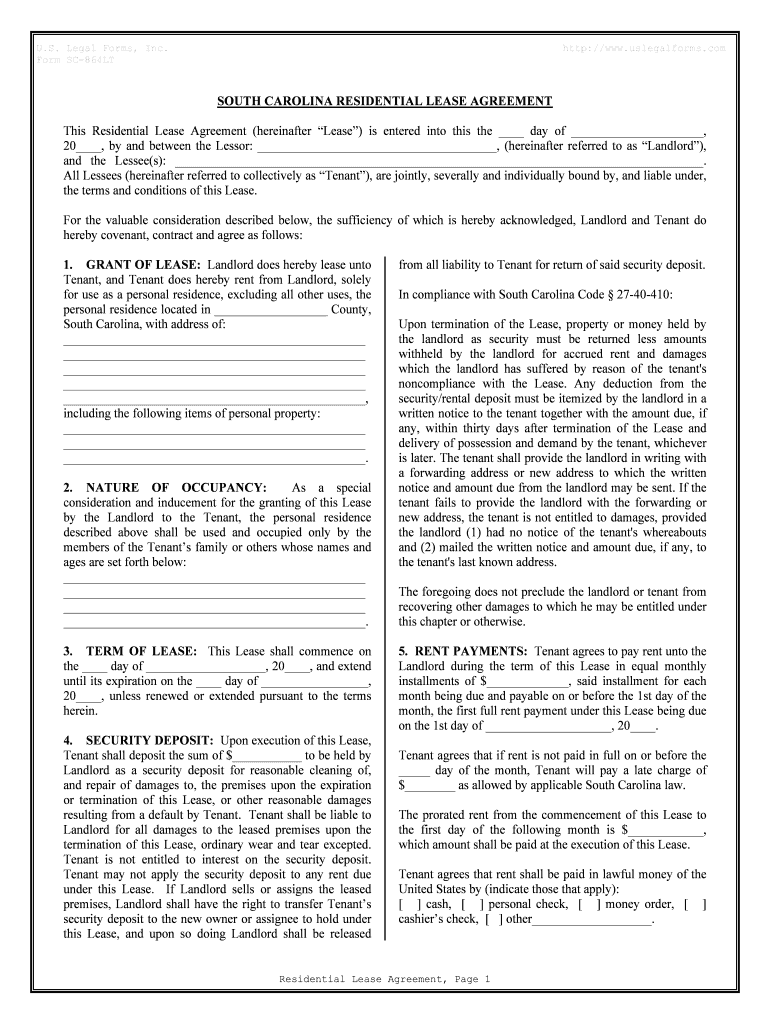 South Carolina Residential Rental Lease Agreement  Form