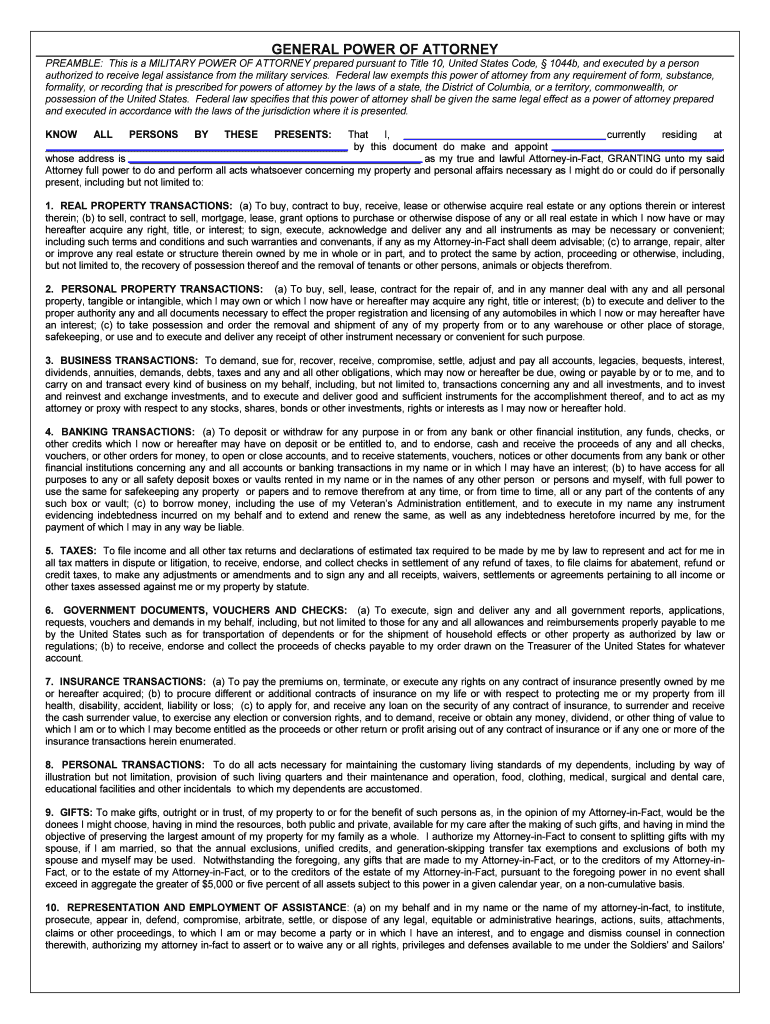 Military Power Attorney  Form