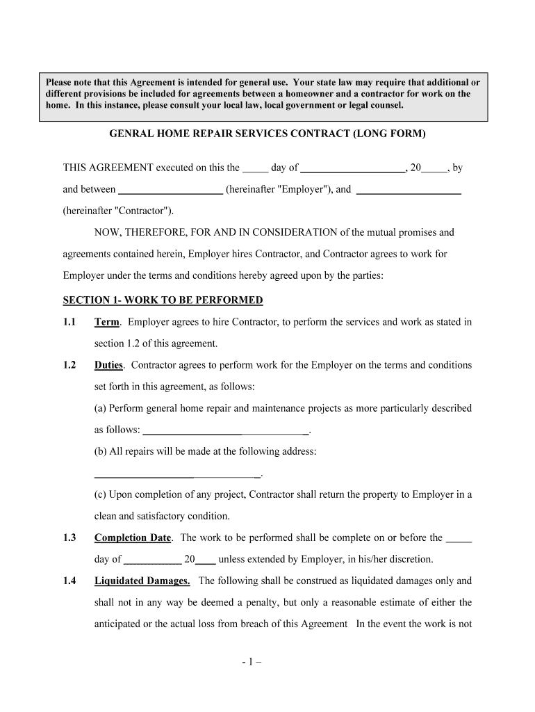 Fill and Sign the General Repair Contract Form