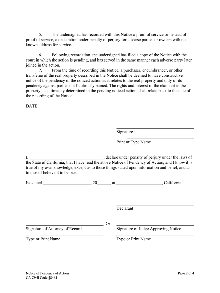 Fillable Online NOTICE of PENDENCY of ACTION  Form