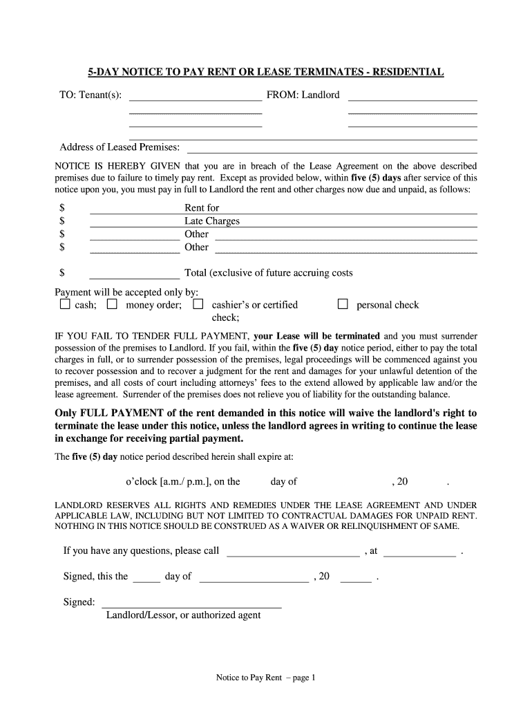 Fill and Sign the 5 Day Notice to Pay Rent or Lease Terminates Residential Form