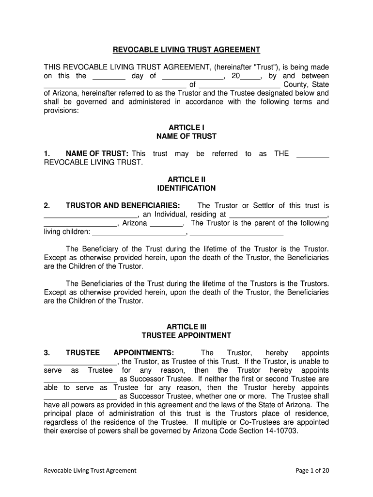 Fill and Sign the This Revocable Living Trust Agreement Hereinafter Quottrustquot is Being Made Form