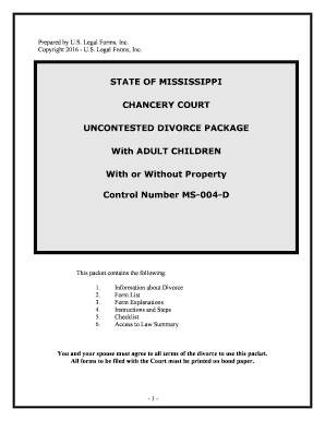 Mississippi No Fault Uncontested Agreed Divorce Package for Dissolution of Marriage with Adult Children and with or Without Prop  Form