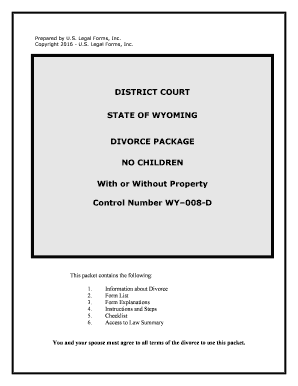 Wyoming No Fault Agreed Uncontested Divorce Package for Dissolution of Marriage for Persons with No Children with or Without Pro  Form