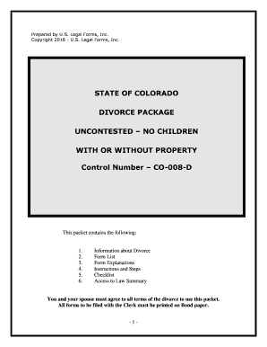 Colorado No Fault Agreed Uncontested Divorce Package for Dissolution of Marriage for Persons with No Children with or Without Pr  Form