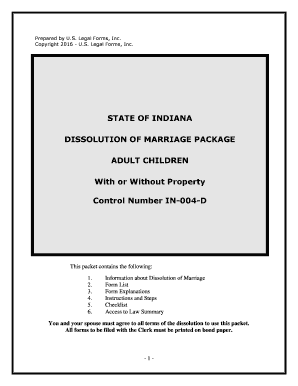 Indiana No Fault Uncontested Agreed Divorce Package for Dissolution of Marriage with Adult Children and with or Without Property  Form
