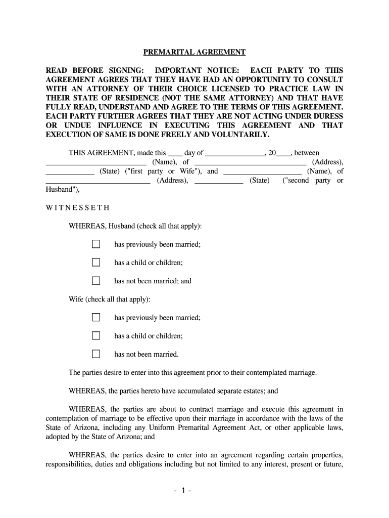 Fill and Sign the State of Arizona Including Any Uniform Premarital Agreement Act or Other Applicable Laws