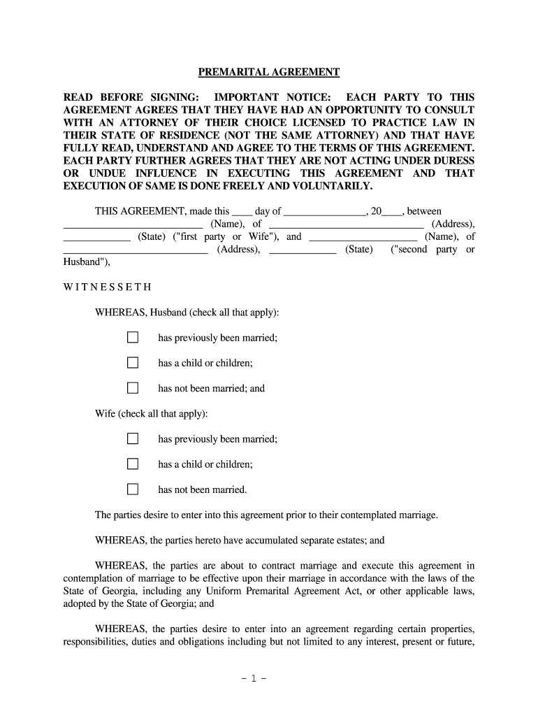 Fill and Sign the State of Georgia Including Any Uniform Premarital Agreement Act or Other Applicable Laws