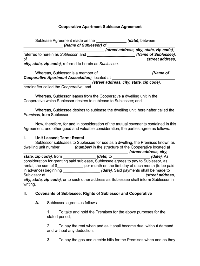Cooperative Apartment Sublease Agreement  Form