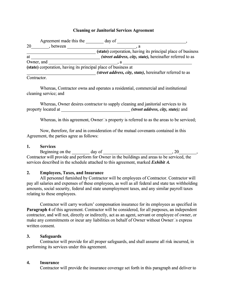 Cleaning or Janitorial Services Agreement  Form
