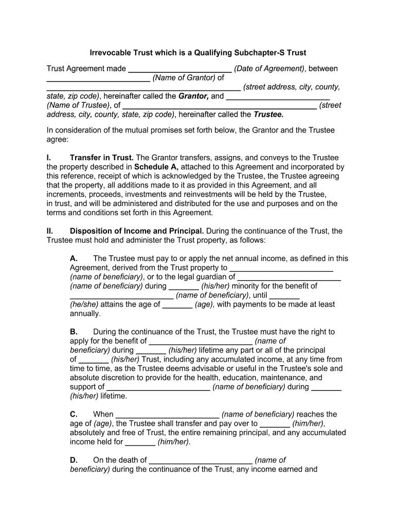 Fill and Sign the Irrevocable Trust Which is a Qualifying Subchapter S Trust Form