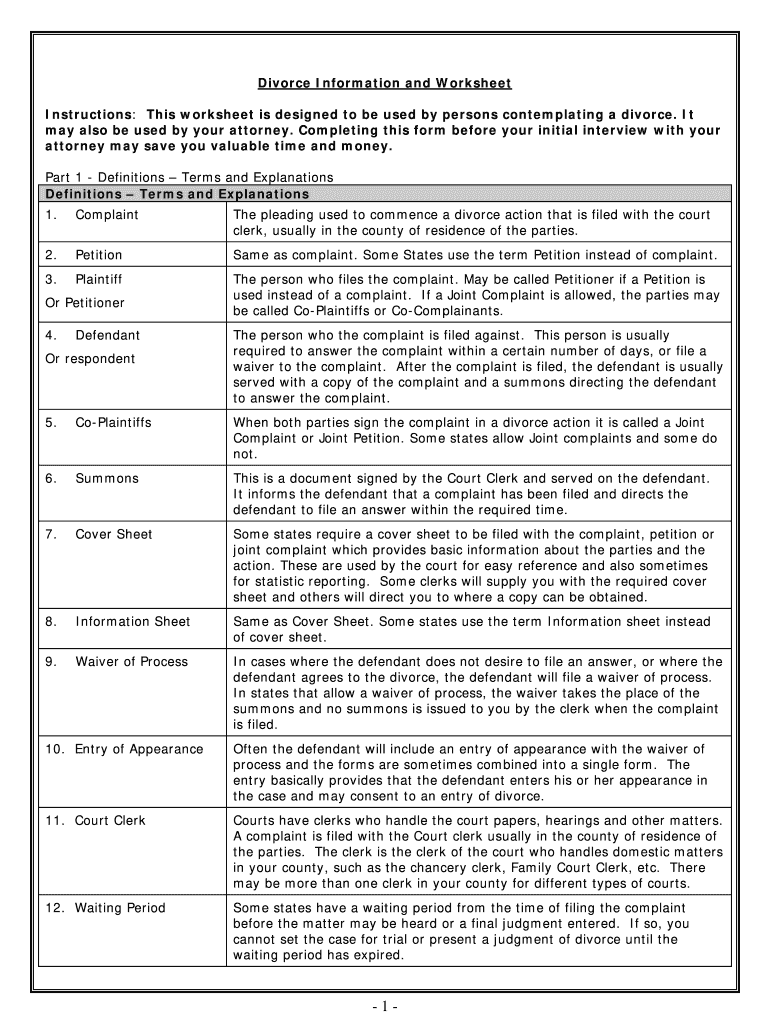 Fill and Sign the Instructions This Worksheet is Designed to Be Used by Persons Contemplating a Divorce Form