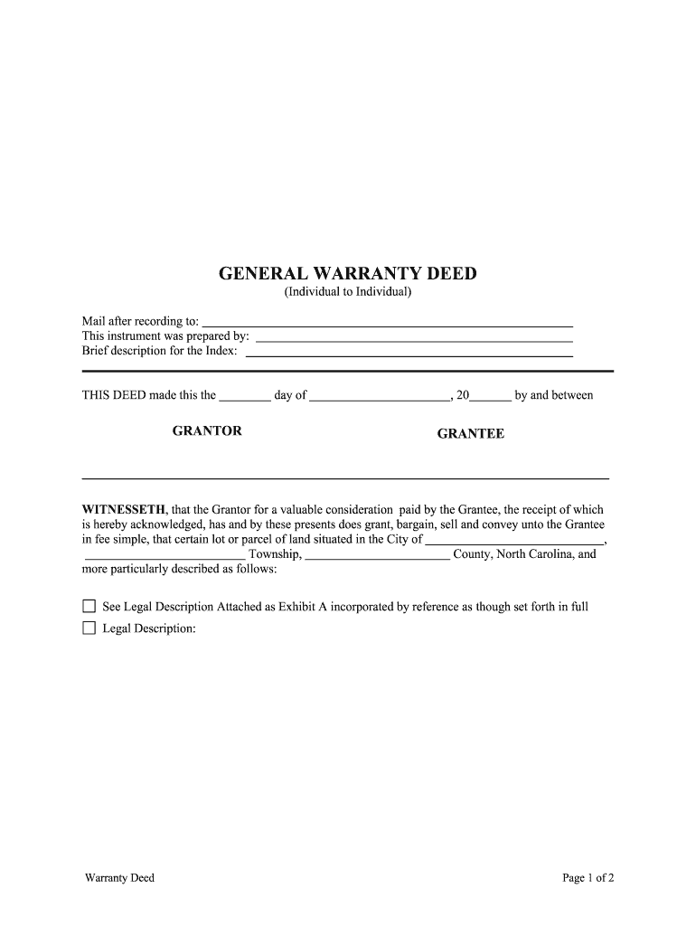 North Carolina General Warranty Deed  Johnston County  Form