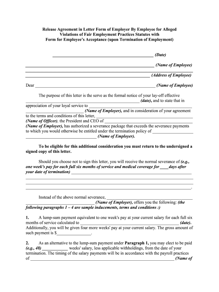 Fill and Sign the Release Agreement in Letter Form of Employer by Employee for Alleged