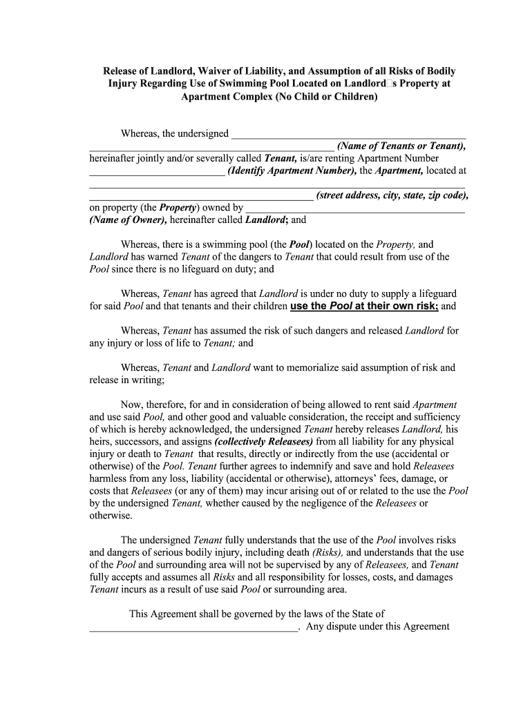 Release of Landlord, Waiver of Liability, and Assumption of All Risks of Bodily Injury Regarding Use of Swimming Pool Located on  Form