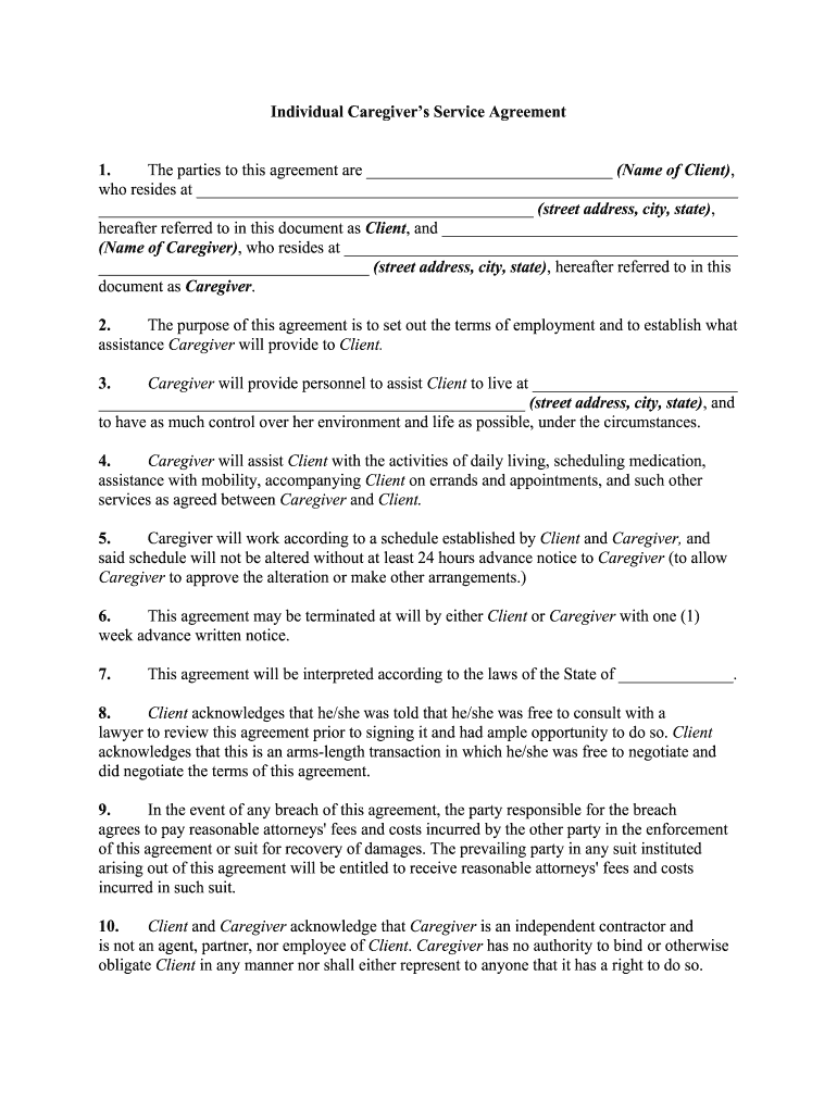 CAREGIVERS SERVICE AGREEMENT  Form